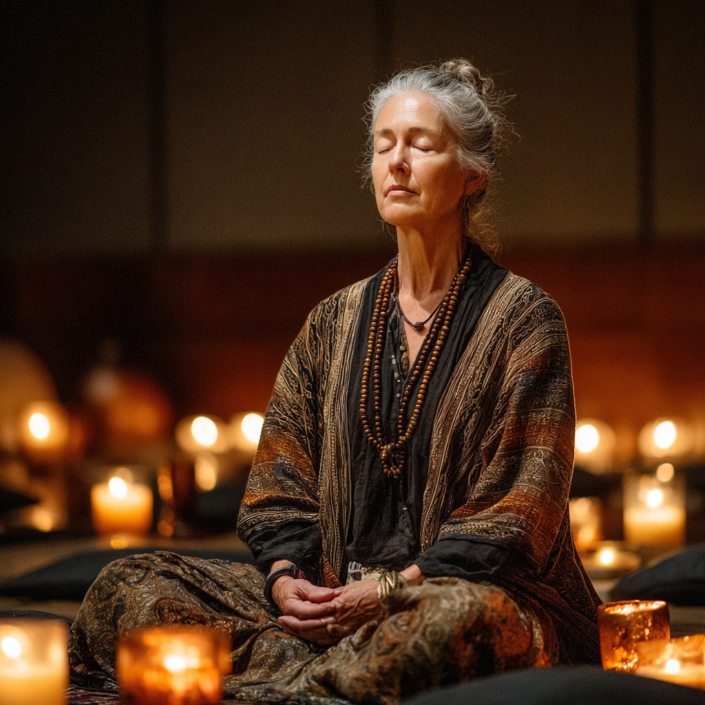 Жінка 52 роки сидить у медитативній позі з закритими очима в тихому куточку студії, оточена свічками