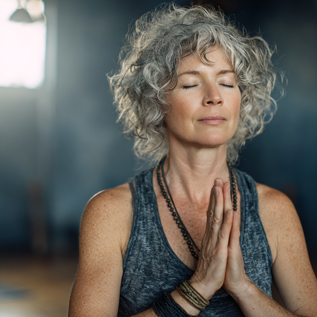 Жінка 55 років виконує м'яку позу йоги в світлій студії, демонструючи спокій та зосередженість