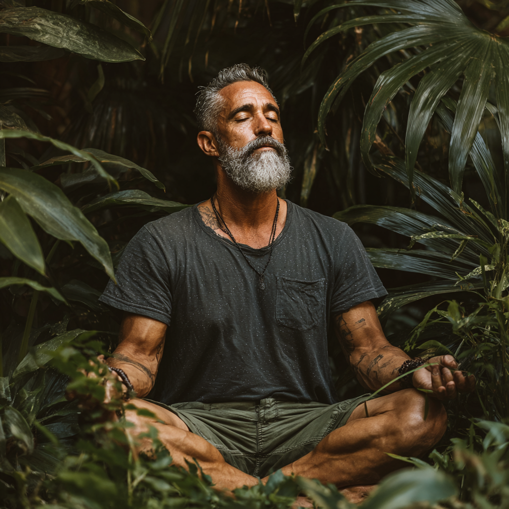 Чоловік 58 років медитує в позі лотоса серед зелених рослин, демонструючи глибоку концентрацію та спокій