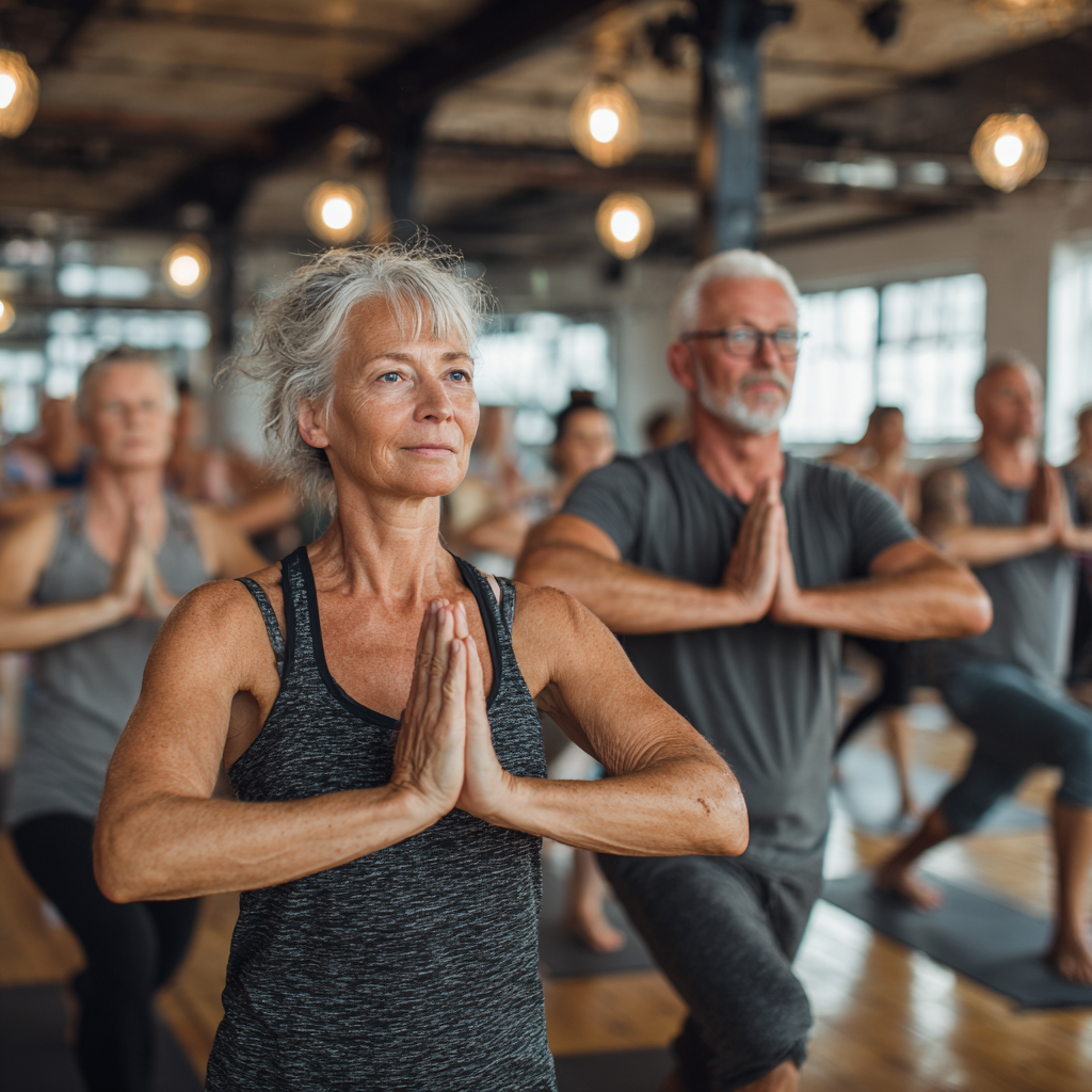 Група людей віком 50-60 років виконує синхронні рухи йоги в просторій світлій студії